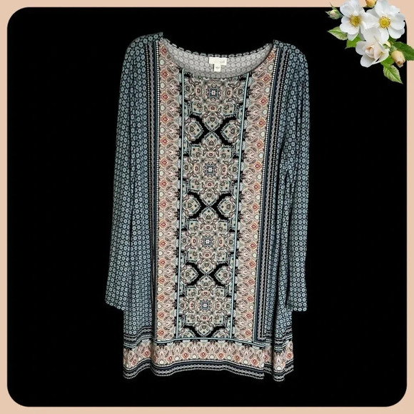 J Jill Tunic Women Sz Large Paisley Damask Boho Flowy Knit Travel Top Lagenlook - Picture 1 of 7